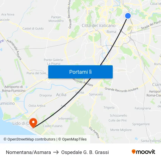 Nomentana/Asmara to Ospedale G. B. Grassi map