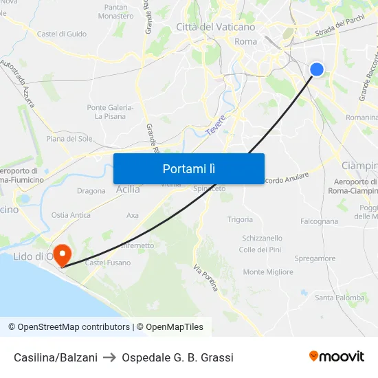 Casilina/Balzani to Ospedale G. B. Grassi map