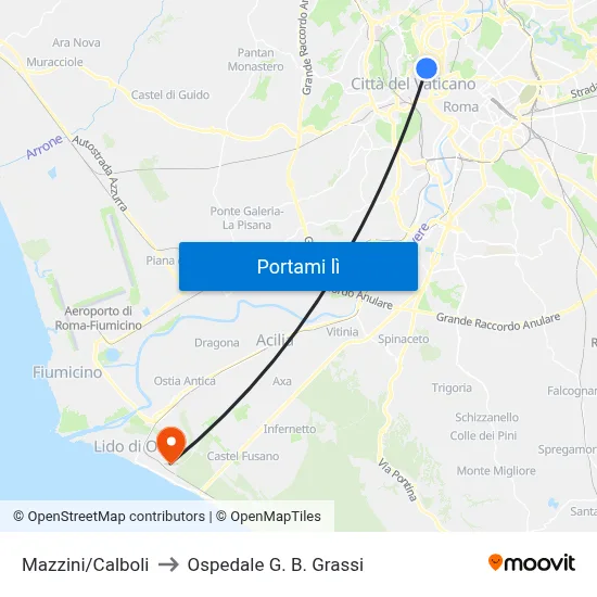 Mazzini/Calboli to Ospedale G. B. Grassi map