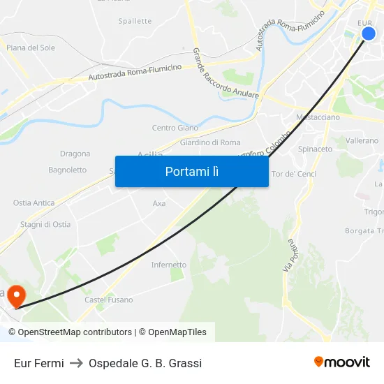 Eur Fermi to Ospedale G. B. Grassi map