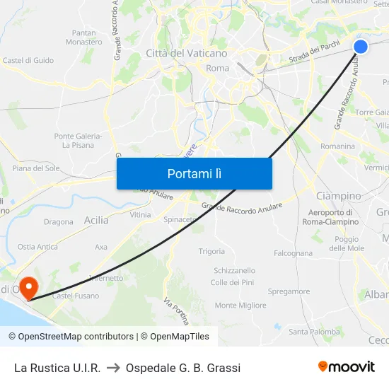 La Rustica U.I.R. to Ospedale G. B. Grassi map