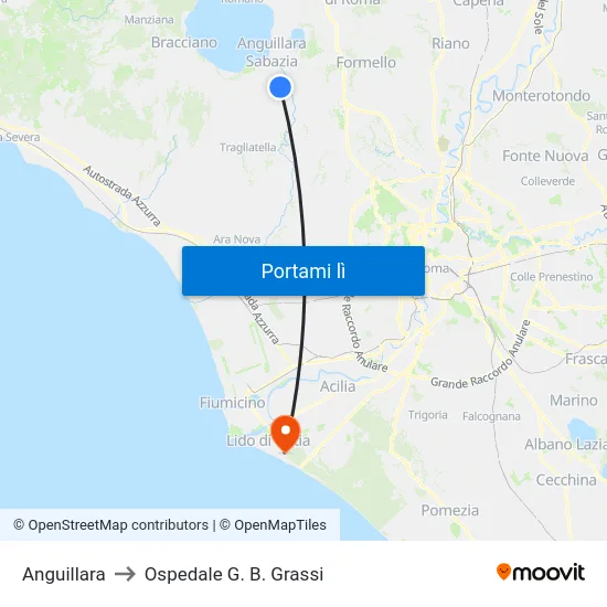 Anguillara to Ospedale G. B. Grassi map