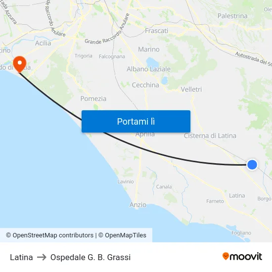 Latina to Ospedale G. B. Grassi map