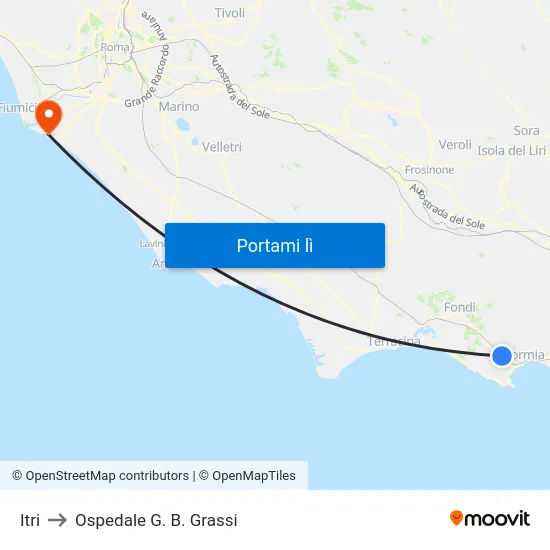 Itri to Ospedale G. B. Grassi map