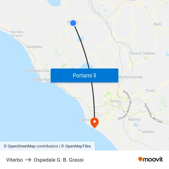 Viterbo to Ospedale G. B. Grassi map