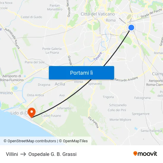 Villini to Ospedale G. B. Grassi map