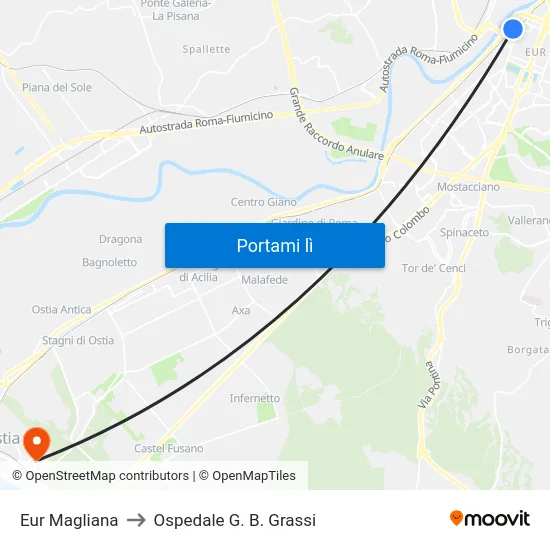 Eur Magliana to Ospedale G. B. Grassi map