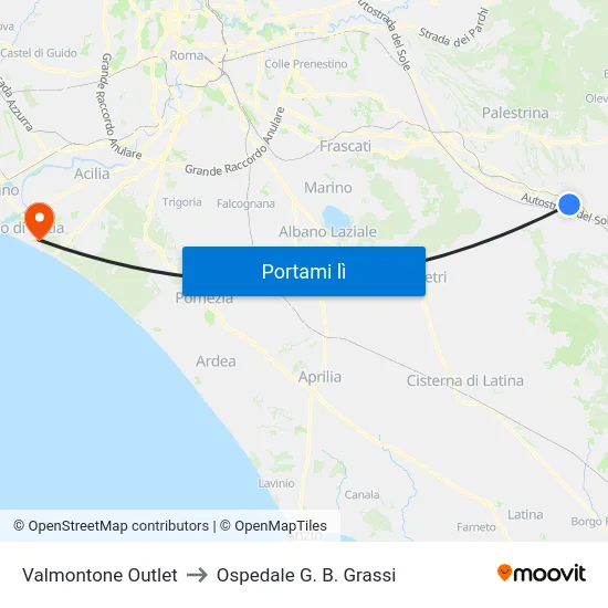 Valmontone Outlet to Ospedale G. B. Grassi map
