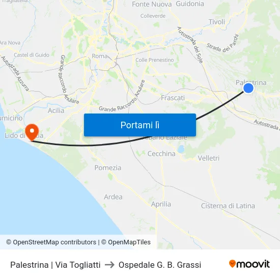 Palestrina | Via Togliatti to Ospedale G. B. Grassi map