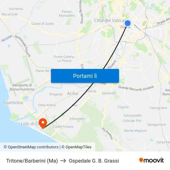 Tritone/Barberini (Ma) to Ospedale G. B. Grassi map