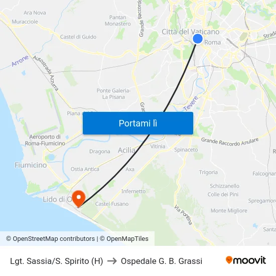 Lgt. Sassia/S. Spirito (H) to Ospedale G. B. Grassi map