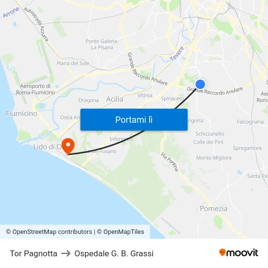 Tor Pagnotta to Ospedale G. B. Grassi map