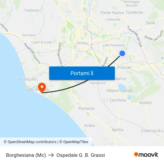 Borghesiana (Mc) to Ospedale G. B. Grassi map