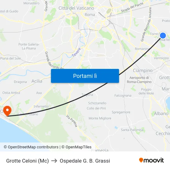 Grotte Celoni (Mc) to Ospedale G. B. Grassi map