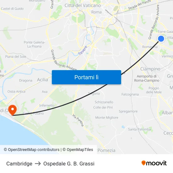 Cambridge to Ospedale G. B. Grassi map