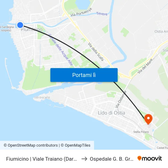 Fiumicino | Viale Traiano (Darsena) to Ospedale G. B. Grassi map