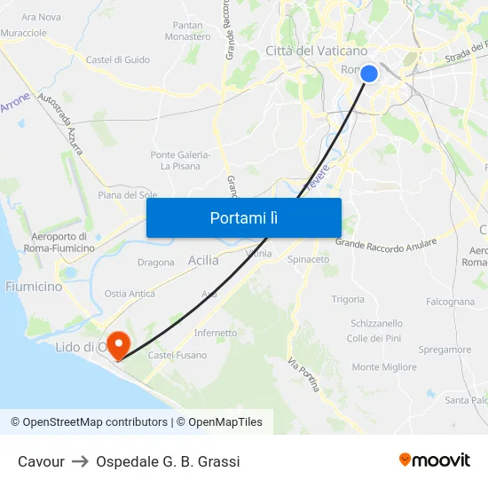 Cavour to Ospedale G. B. Grassi map
