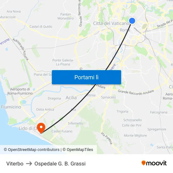 Viterbo to Ospedale G. B. Grassi map