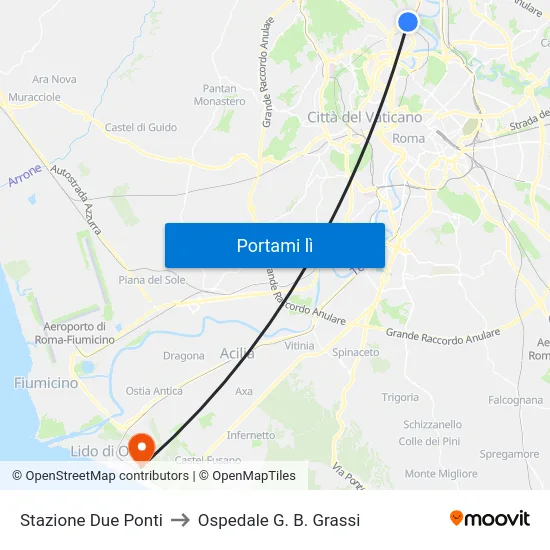 Stazione Due Ponti to Ospedale G. B. Grassi map