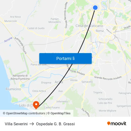 Villa Severini to Ospedale G. B. Grassi map