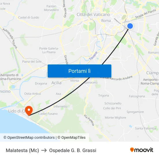 Malatesta (Mc) to Ospedale G. B. Grassi map