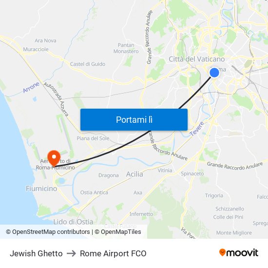 Jewish Ghetto to Rome Airport FCO map