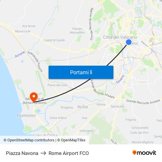 Piazza Navona to Rome Airport FCO map