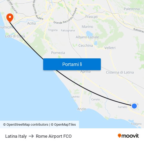 Latina Italy to Rome Airport FCO map