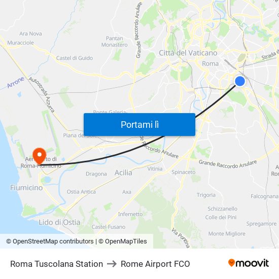 Roma Tuscolana Station to Rome Airport FCO map