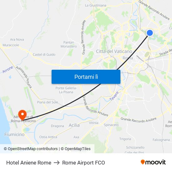 Hotel Aniene Rome to Rome Airport FCO map