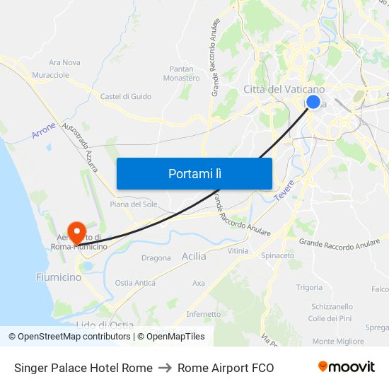 Singer Palace Hotel Rome to Rome Airport FCO map