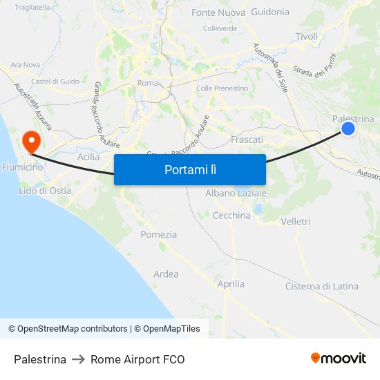 Palestrina to Rome Airport FCO map
