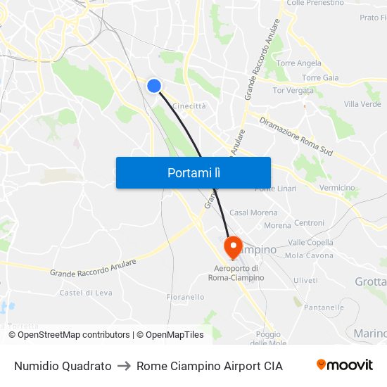 Numidio Quadrato to Rome Ciampino Airport CIA map