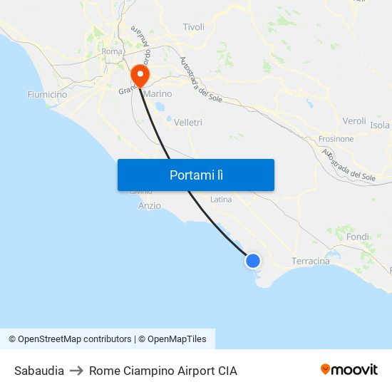 Sabaudia to Rome Ciampino Airport CIA map