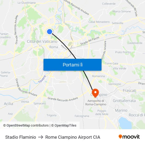 Stadio Flaminio to Rome Ciampino Airport CIA map