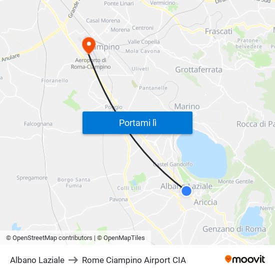 Albano Laziale to Rome Ciampino Airport CIA map