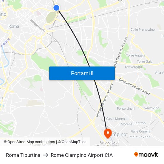 Roma Tiburtina to Rome Ciampino Airport CIA map