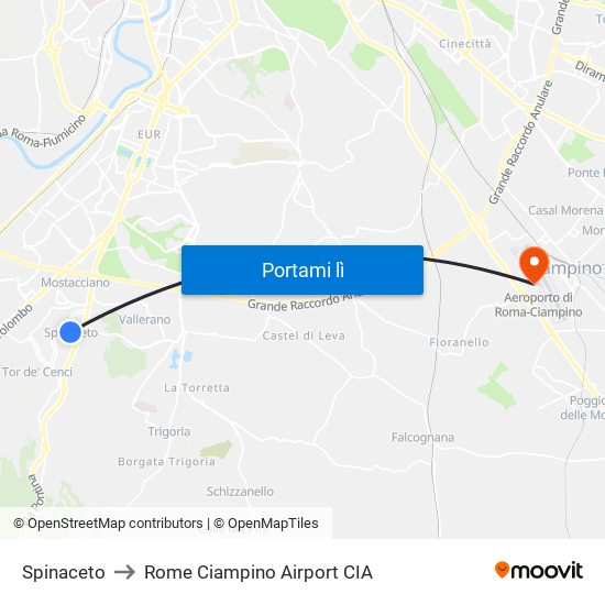 Spinaceto to Rome Ciampino Airport CIA map