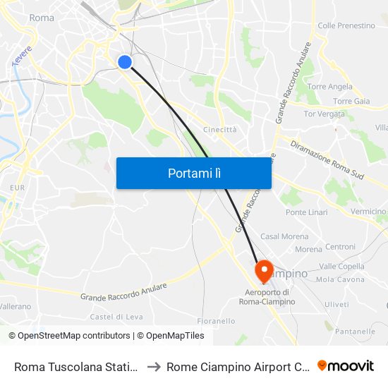 Roma Tuscolana Station to Rome Ciampino Airport CIA map