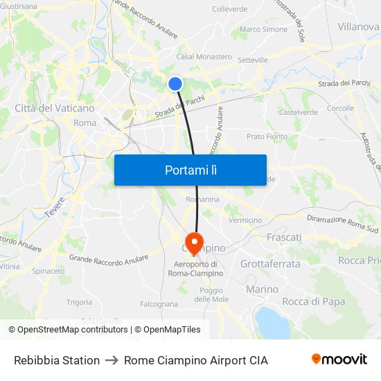 Rebibbia Station to Rome Ciampino Airport CIA map