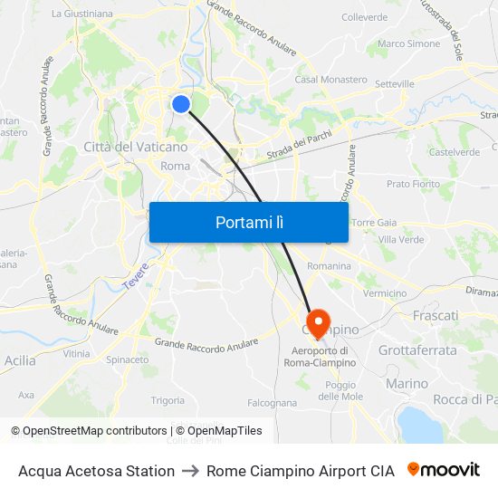 Acqua Acetosa Station to Rome Ciampino Airport CIA map