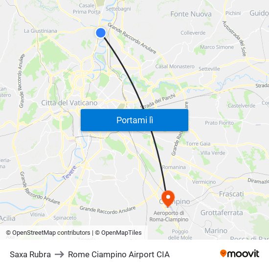 Saxa Rubra to Rome Ciampino Airport CIA map