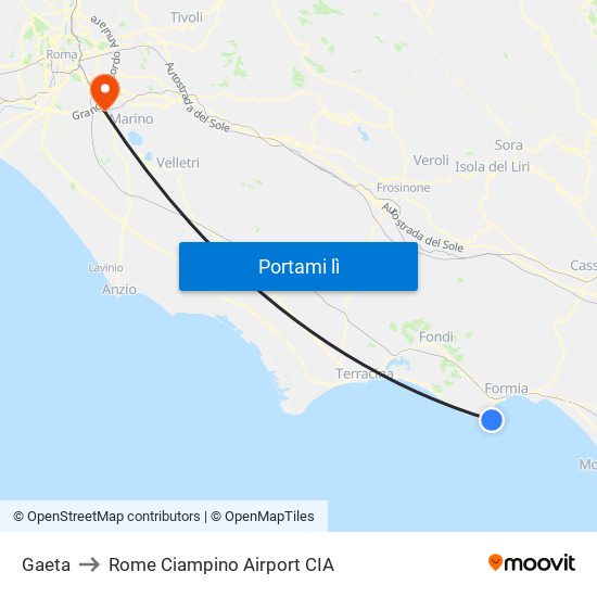 Gaeta to Rome Ciampino Airport CIA map