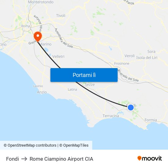 Fondi to Rome Ciampino Airport CIA map