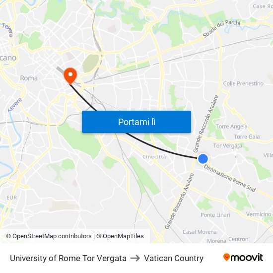 University of Rome Tor Vergata to Vatican Country map