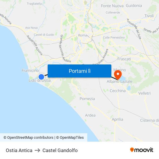 Ostia Antica to Castel Gandolfo map