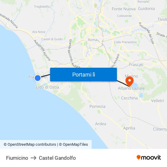 Fiumicino to Castel Gandolfo map