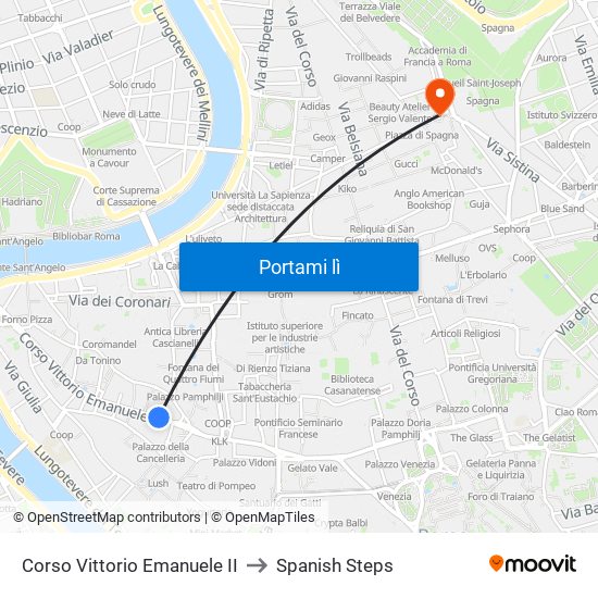 Corso Vittorio Emanuele II to Spanish Steps map