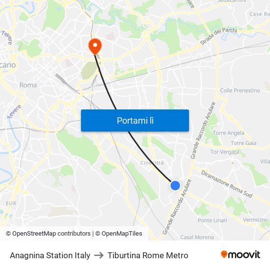 Anagnina Station Italy to Tiburtina Rome Metro map