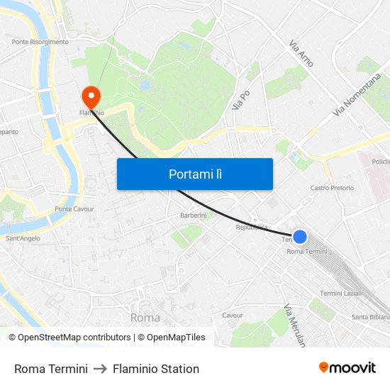 Roma Termini to Flaminio Station map